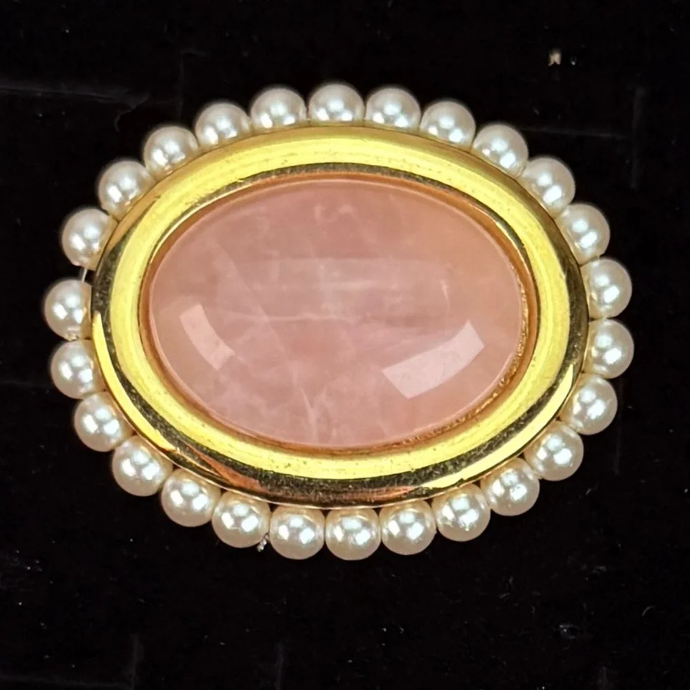 Vintage Napier, goldtone & pink, faux pearl detail, Brooch
